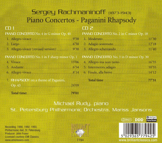 Sergei Vasilyevich Rachmaninoff / Mikhaïl Rudy, St. Petersburg Philharmonic Orchestra, Mariss Jansons : Piano Concertos - Paganini Rhapsody (2xCD, RE)