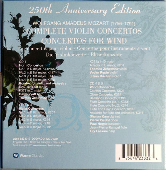 Wolfgang Amadeus Mozart / Thomas Zehetmair • David Pyatt • Paul Hongne • Sharon Kam • Pierre Pierlot • Jean-Pierre Rampal : Complete Violin Concertos - Concertos For Wind (5xCD + Box, Comp)