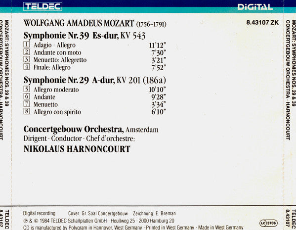 Wolfgang Amadeus Mozart - Concertgebouworkest, Nikolaus Harnoncourt : Symphonies Nr. 39 & 29 (CD, Album)