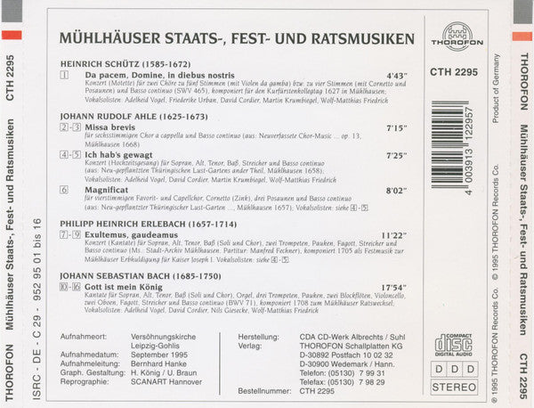 Heinrich Schütz, Johann Rudolf Ahle, Philipp Heinrich Erlebach, Johann Sebastian Bach - Adelheid Vogel • Friederike Urban • Martin Krumbiegel • Nils Giesecke • Wolf Matthias Friedrich, Thüringischer Akademischer Singkreis, Bläser Collegium Leipzig Leitung : Mühlhäuser Staats-, Fest- Und Ratsmusiken (CD, Album)