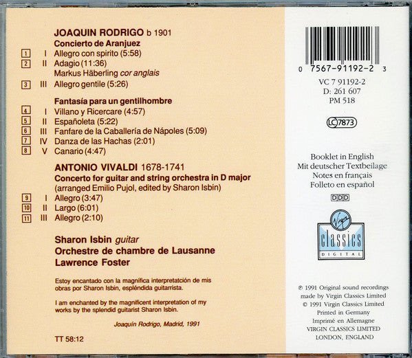 Sharon Isbin, Orchestre De Chambre De Lausanne : Rodrigo - Concierto De Aranjuez - Fantasía Para Un Gentilhombre - Vivaldi : Concerto For Guitar & Strings (CD, Comp)