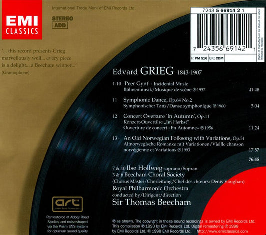 Edvard Grieg, Royal Philharmonic Orchestra, Sir Thomas Beecham : Peer Gynt · Symphonic Dance No.2 · In Autumn · Old Norwegian Folksong With Variations (CD, Album, RE, RM)