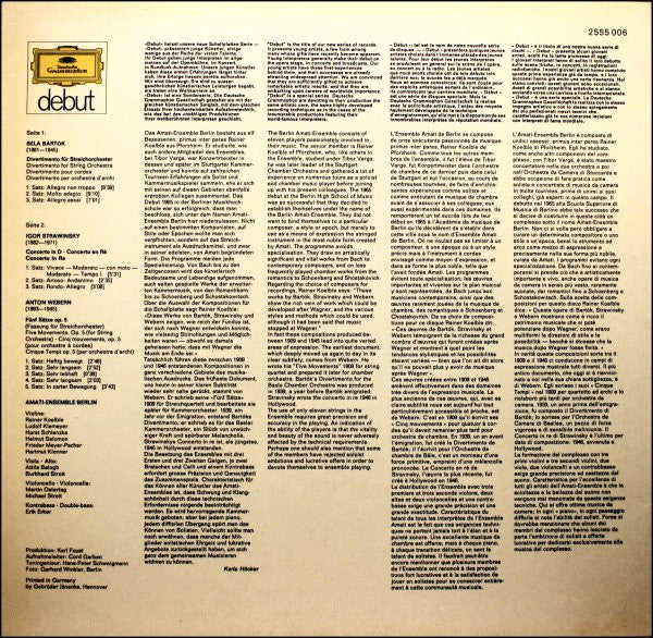Amati-Ensemble Berlin - Béla Bartók / Igor Stravinsky / Anton Webern : Divertimento Für Streichorchester • Concerto In D • Fünf Sätze Op.5 (LP)