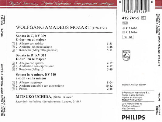 Wolfgang Amadeus Mozart, Mitsuko Uchida : 3 Piano Sonatas = Klaviersonaten KV 309, 310 & 311 (CD)