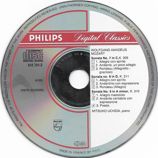 Wolfgang Amadeus Mozart, Mitsuko Uchida : 3 Piano Sonatas = Klaviersonaten KV 309, 310 & 311 (CD)