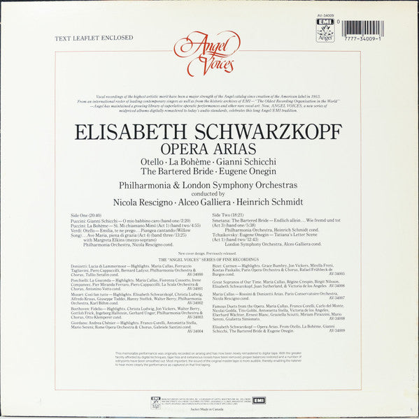 Elisabeth Schwarzkopf : Opera Areas From Otello • La Boheme • Gianni Schicchi • Eugene Onegin • The Bartered Bride (LP, Album, Comp, RM)