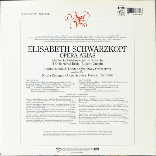 Elisabeth Schwarzkopf : Opera Areas From Otello • La Boheme • Gianni Schicchi • Eugene Onegin • The Bartered Bride (LP, Album, Comp, RM)