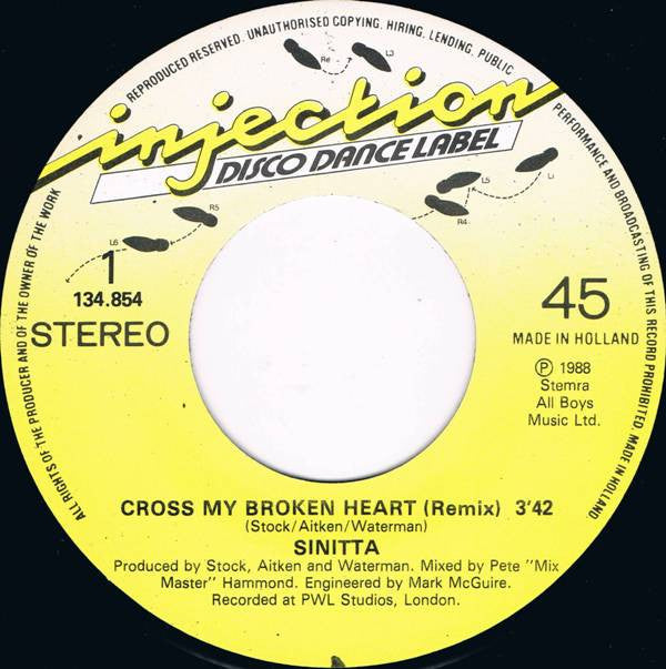 Sinitta : Cross My Broken Heart (Remix) (7", Single)