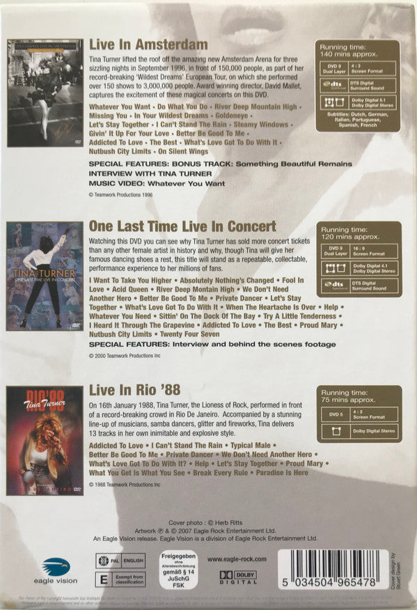 Tina Turner : Live In Amsterdam / One Last Time Live In Concert / Live In Rio '88 (Box, Comp + DVD-V, Multichannel, PAL, DTS + DVD-V,)