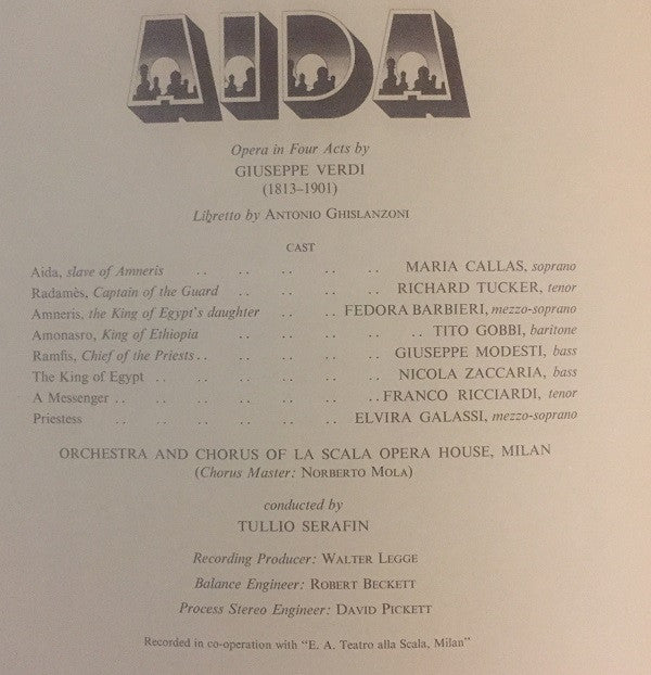 Giuseppe Verdi / Maria Callas, Richard Tucker (2), Fedora Barbieri, Tito Gobbi, Guiseppe Modesti, Nicola Zaccaria, Orchestra Del Teatro Alla Scala & Coro Del Teatro Alla Scala, Tullio Serafin : Aida (3xLP, RE, RM, Ele)