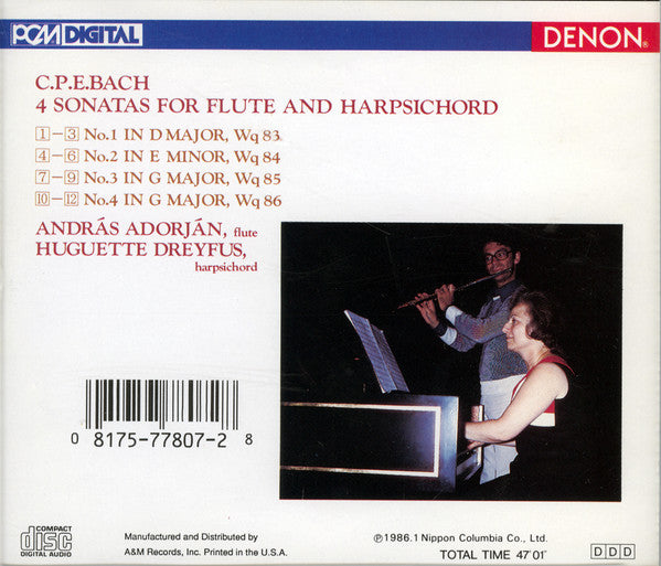 András Adorján, Huguette Dreyfus, Carl Philipp Emanuel Bach : 4 Sonatas For Flute And Harpsichord (CD, Album)