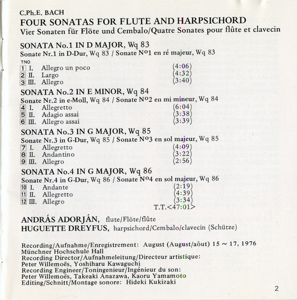 András Adorján, Huguette Dreyfus, Carl Philipp Emanuel Bach : 4 Sonatas For Flute And Harpsichord (CD, Album)