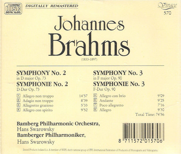Johannes Brahms : Symphony No. 2 In D Major And 3 In F Major (CD, Album)