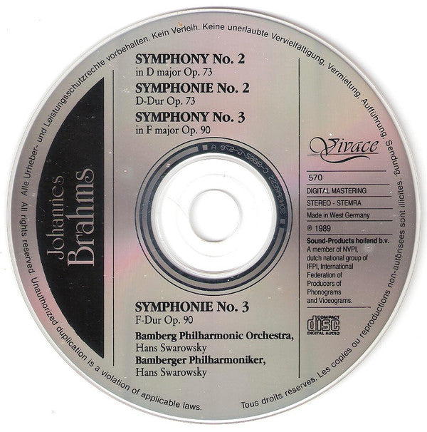 Johannes Brahms : Symphony No. 2 In D Major And 3 In F Major (CD, Album)