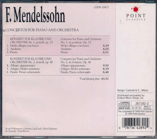 Felix Mendelssohn-Bartholdy, Slovak Philharmonic Orchestra, Oliver Dohnanyi, Ida Černecká : Concertos For Piano And Orchestra (CD, Comp)