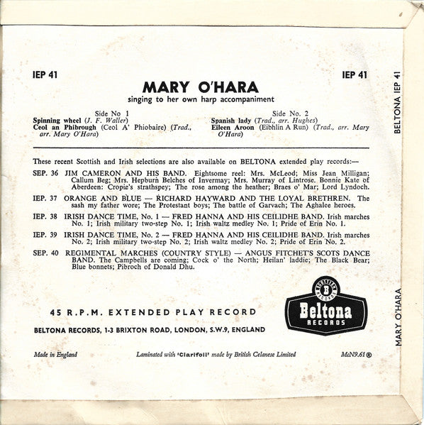 Mary O'Hara : Singing To Her Own Harp Accompaniment (7", EP, RE, 4 p)