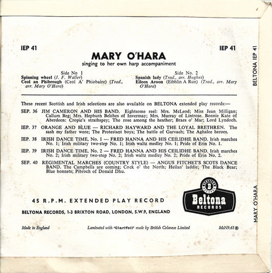 Mary O'Hara : Singing To Her Own Harp Accompaniment (7", EP, RE, 4 p)