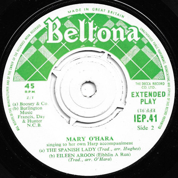Mary O'Hara : Singing To Her Own Harp Accompaniment (7", EP, RE, 4 p)
