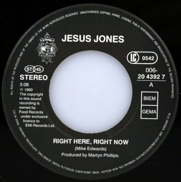 Jesus Jones : Right Here, Right Now (7", Single)
