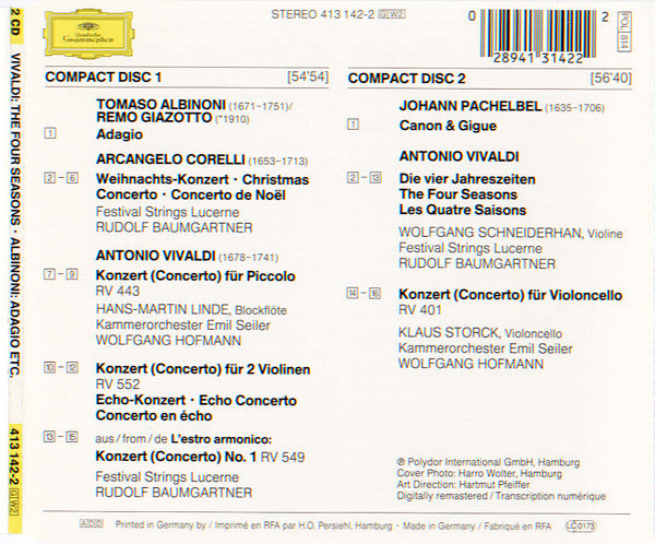 Antonio Vivaldi / Johann Pachelbel / Tomaso Albinoni / Arcangelo Corelli : Die Vier Jahreszeiten = The Four Seasons, 4 Concerti / Canon & Gigue / Adagio / Weihnachts-Konzert = Christmas Concerto (2xCD, Comp, RM)