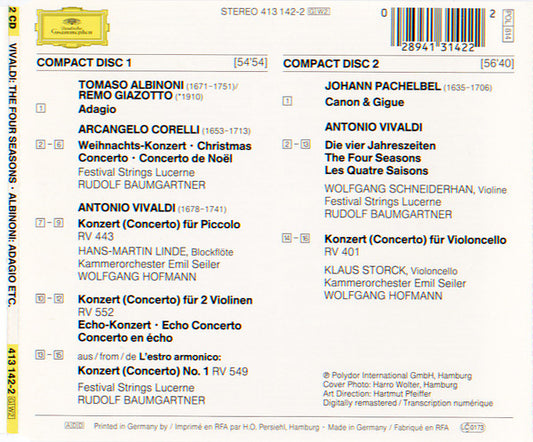 Antonio Vivaldi / Johann Pachelbel / Tomaso Albinoni / Arcangelo Corelli : Die Vier Jahreszeiten = The Four Seasons, 4 Concerti / Canon & Gigue / Adagio / Weihnachts-Konzert = Christmas Concerto (2xCD, Comp, RM)
