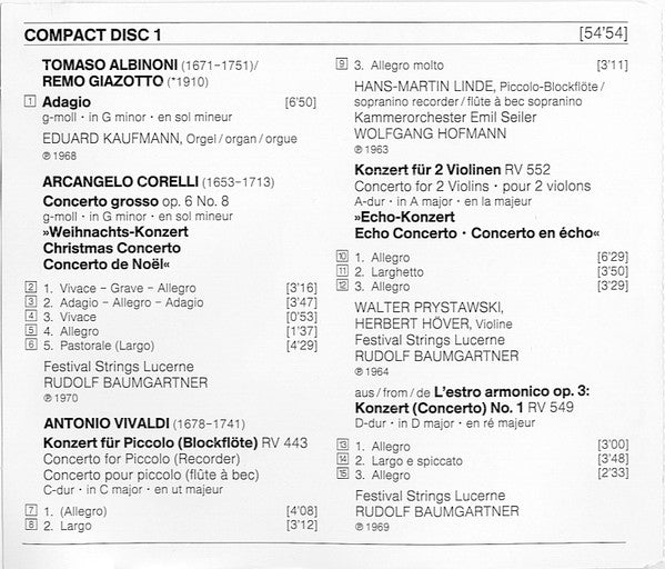 Antonio Vivaldi / Johann Pachelbel / Tomaso Albinoni / Arcangelo Corelli : Die Vier Jahreszeiten = The Four Seasons, 4 Concerti / Canon & Gigue / Adagio / Weihnachts-Konzert = Christmas Concerto (2xCD, Comp, RM)