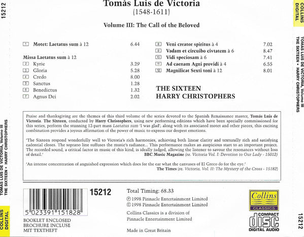 Tomás Luis De Victoria, The Sixteen, Harry Christophers : Volume III: The Call Of The Beloved (CD, Album)