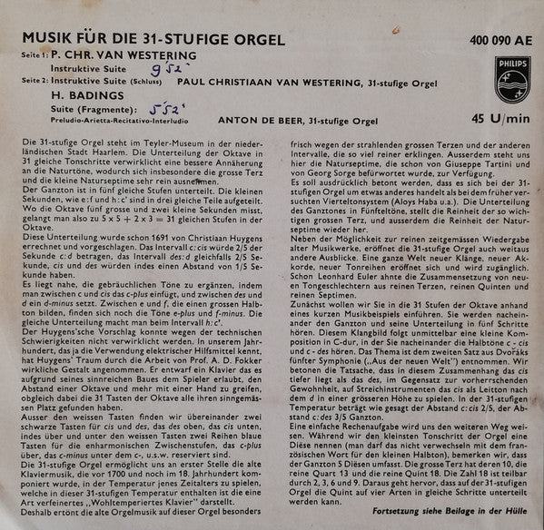 Paul Christiaan Van Westering, Henk Badings : Musik Fur Die 31-Stufige Orgel (7", EP)