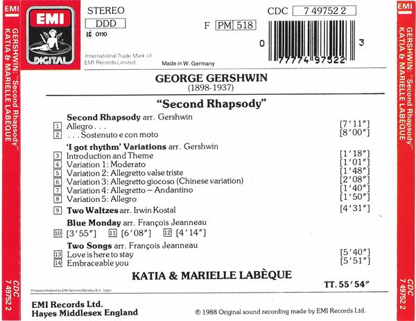 George Gershwin, Katia Et Marielle Labèque : Second Rhapsody - Music For Two Pianos (CD, Album)