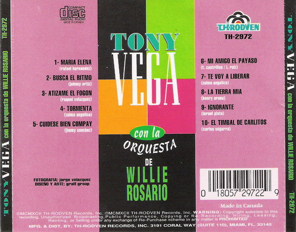 Tony Vega Con La Willie Rosario Y Su Orquesta : Con La Orquesta De Willie Rosario (CD, Album, RE)