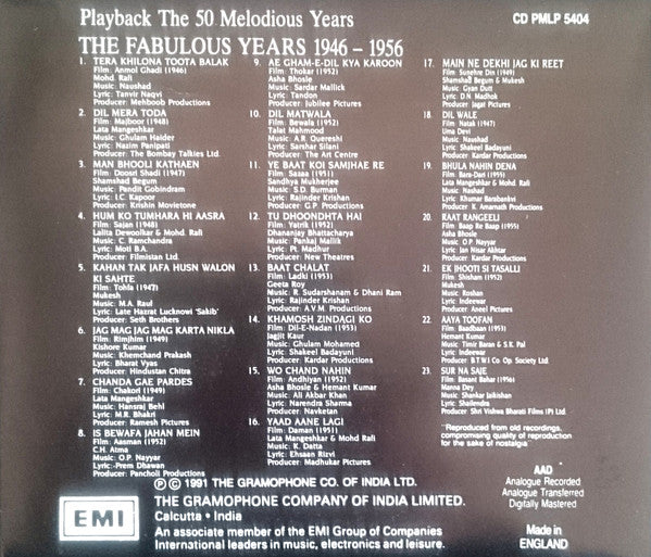 Various : Playback - The 50 Melodious Years, Vol. 2 - The Fabulous Years 1946-1956 (CD, Comp)