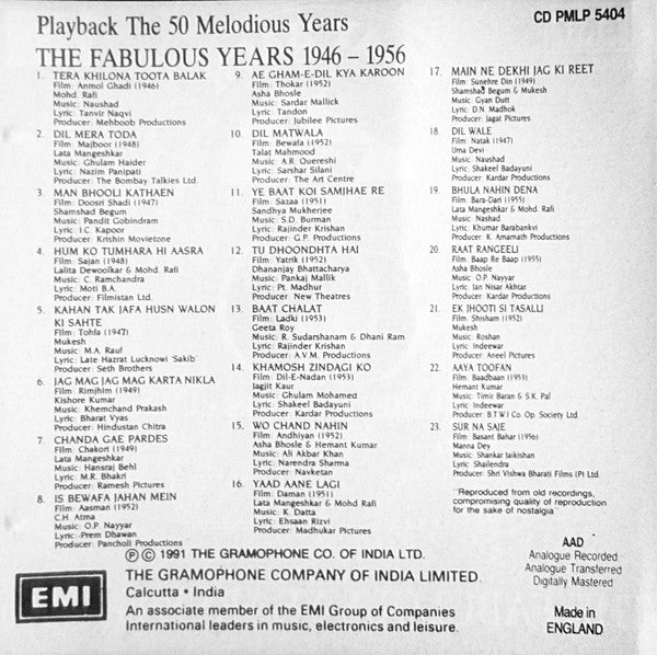 Various : Playback - The 50 Melodious Years, Vol. 2 - The Fabulous Years 1946-1956 (CD, Comp)