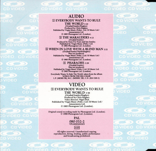 Tears For Fears : Everybody Wants To Rule The World (CDV, 5", Single, PAL)