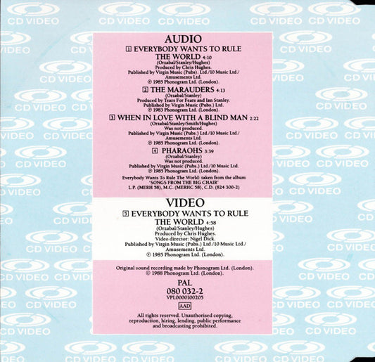 Tears For Fears : Everybody Wants To Rule The World (CDV, 5", Single, PAL)