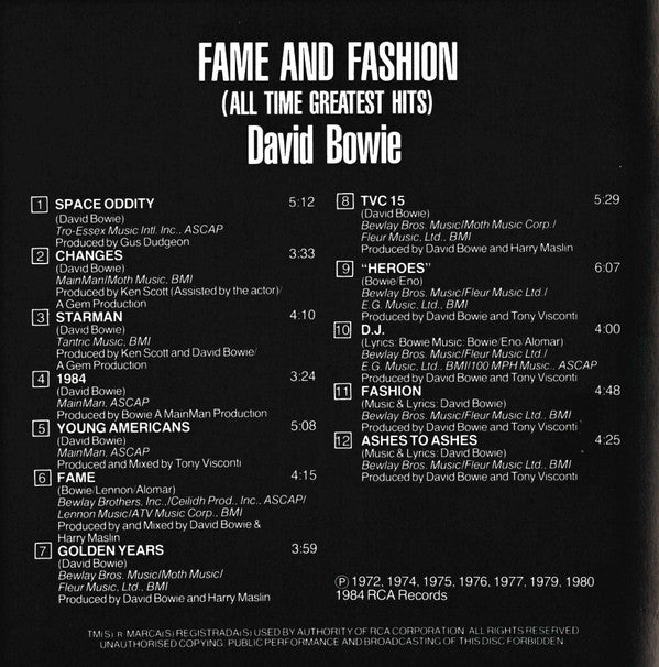 David Bowie : Fame And Fashion (David Bowie's All Time Greatest Hits) (CD, Comp, RM)
