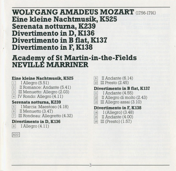 Wolfgang Amadeus Mozart Mozart The Academy Of St. Martin-in-the-Fields, Sir Neville Marriner : Eine Kleine Nachtmusik, Serenata Notturna, Divertimenti K. 136-138 (CD, Comp, RM)