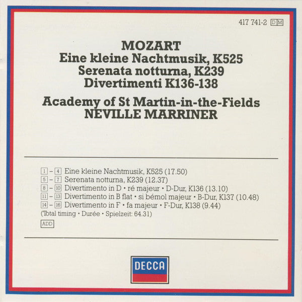 Wolfgang Amadeus Mozart Mozart The Academy Of St. Martin-in-the-Fields, Sir Neville Marriner : Eine Kleine Nachtmusik, Serenata Notturna, Divertimenti K. 136-138 (CD, Comp, RM)