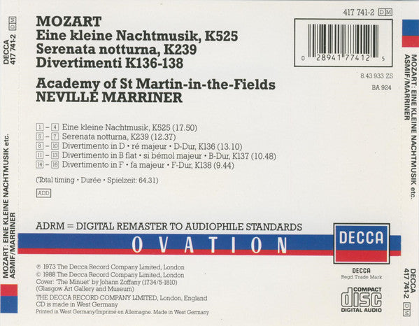 Wolfgang Amadeus Mozart Mozart The Academy Of St. Martin-in-the-Fields, Sir Neville Marriner : Eine Kleine Nachtmusik, Serenata Notturna, Divertimenti K. 136-138 (CD, Comp, RM)