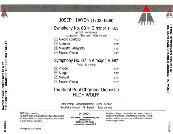 Joseph Haydn, The Saint Paul Chamber Orchestra, Hugh Wolff : Symphony No. 83 «La Poule» / Symphony No. 87 (CD, Club)