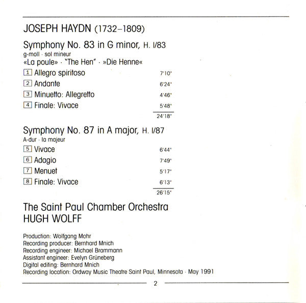 Joseph Haydn, The Saint Paul Chamber Orchestra, Hugh Wolff : Symphony No. 83 «La Poule» / Symphony No. 87 (CD, Club)