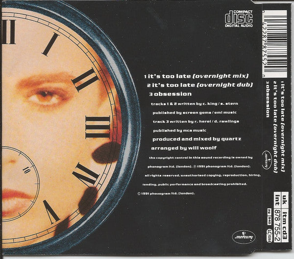 Quartz (2) Introducing Dina Carroll : It's Too Late (CD, Single)