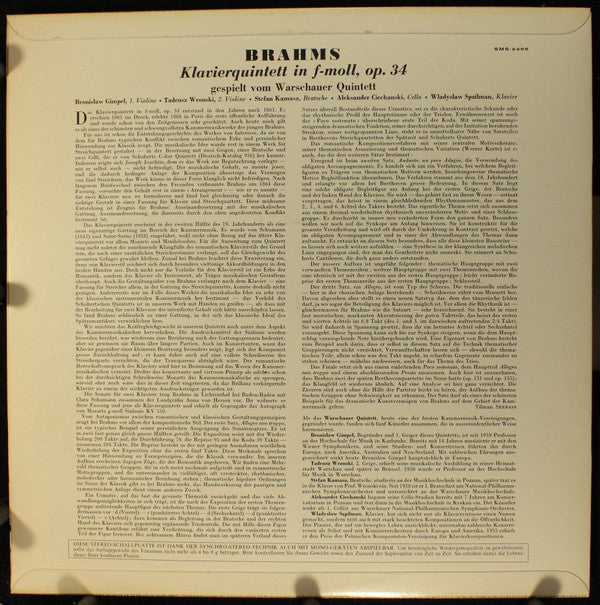 Johannes Brahms - Kwintet Warszawski : Klavierquintett In F-Moll, Op. 34 (LP)
