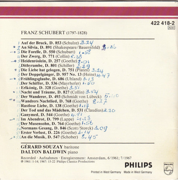 Franz Schubert, Gérard Souzay, Dalton Baldwin : Schubert Lieder (CD, Album, RM)