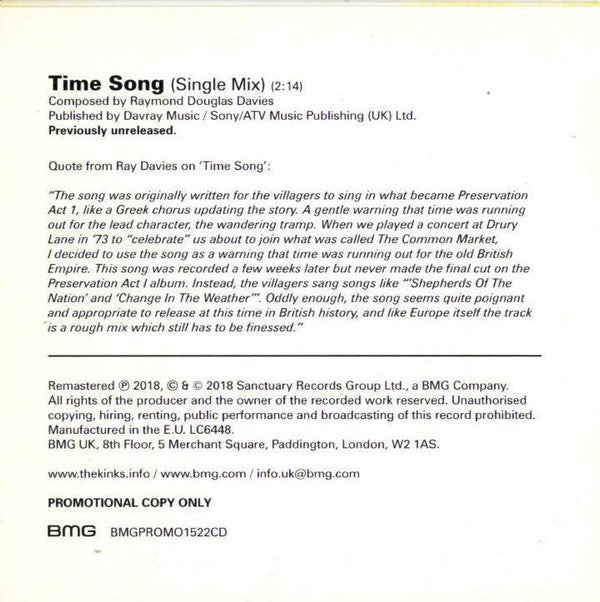The Kinks : Time Song (Single Mix) (CD, Single, Promo)