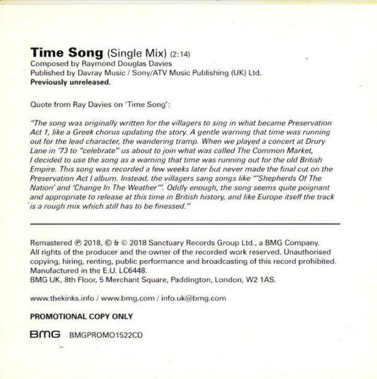 The Kinks : Time Song (Single Mix) (CD, Single, Promo)