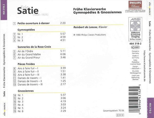 Erik Satie - Reinbert De Leeuw : Frühe Klavierwerke - Gymnopédies & Gnossiennes (CD, Comp)
