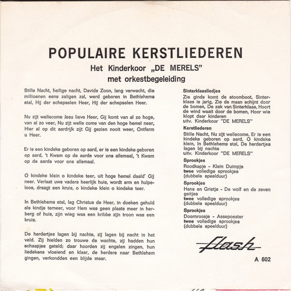 Kinderkoor "De Merels" : Populaire Kerstliedjes (7", Single)