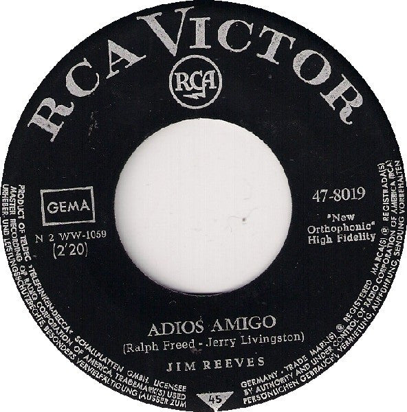 Jim Reeves : Adios Amigo (7", RE)