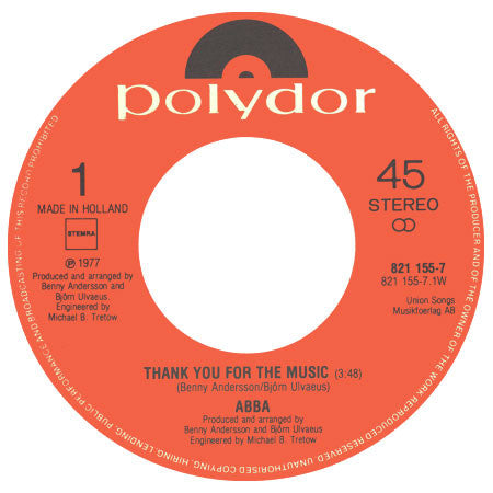 ABBA : Thank You For The Music (7", Single)