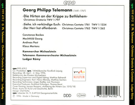 Georg Philipp Telemann – Constanze Backes ∙ Mechthild Georg ∙ Andreas Post ∙ Klaus Mertens ∙ Telemann-Kammerorchester Michaelstein ∙ Kammerchor Michaelstein ∙ Ludger Rémy : Christmas Oratorio; Christmas Cantatas 1761 & 1762 (CD, Album)